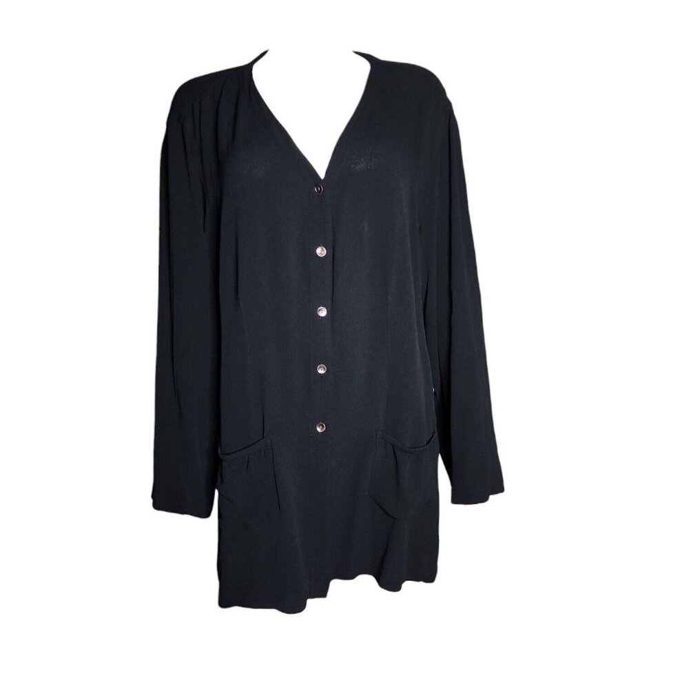 Chicos‎ Design Top Size 3 Womens XL Solid All Black Button Front Long Sleeve